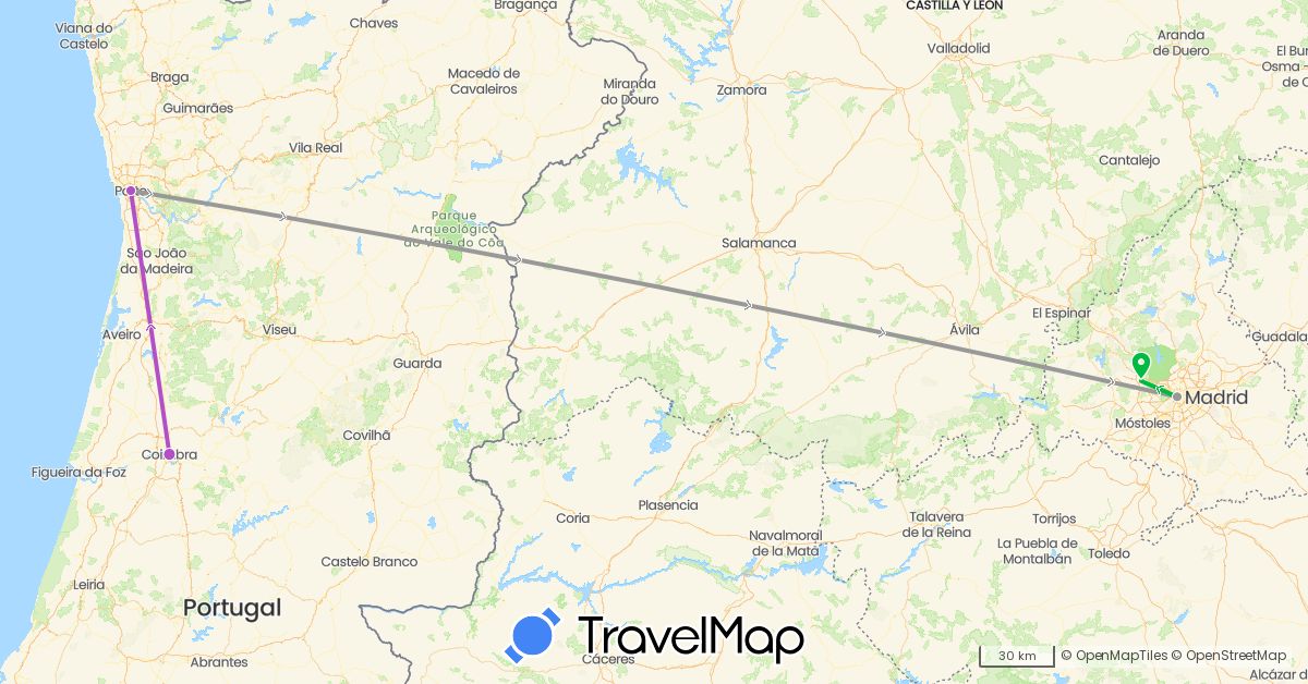 TravelMap itinerary: driving, bus, plane, train in Spain, Portugal (Europe)